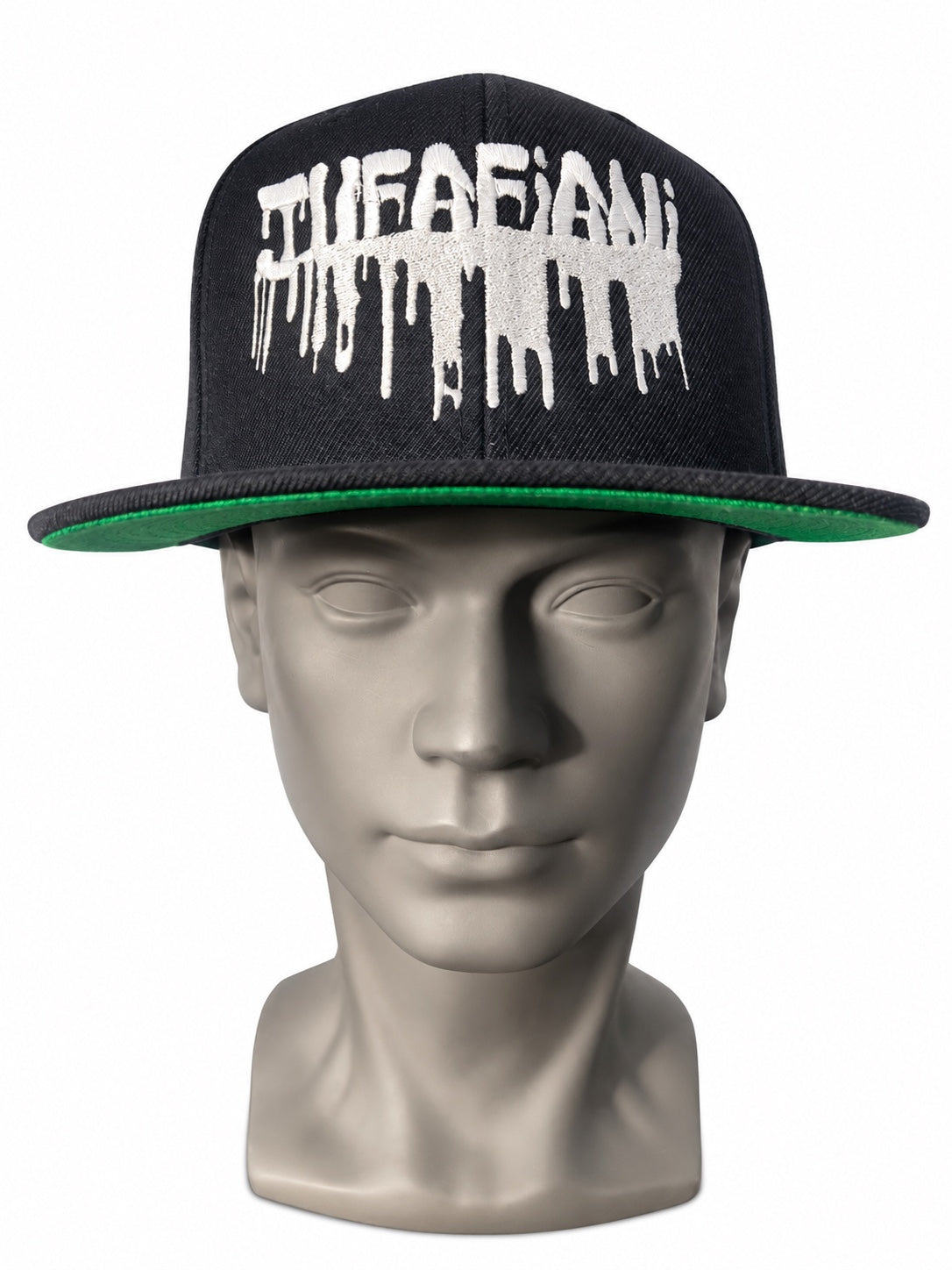 JUFAFIANI Drip Beyond black snapback white embroidered logo front view